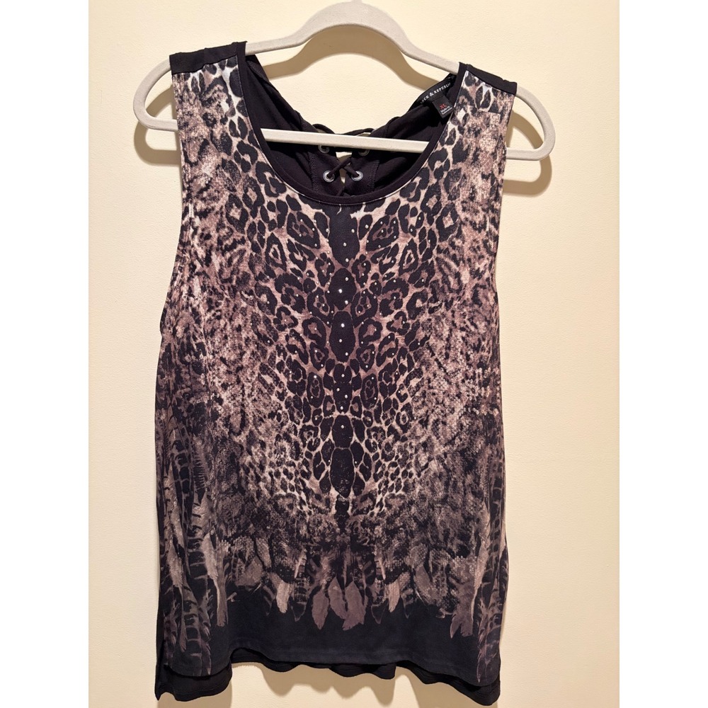Rock & Republic Leopard Feather Print Lace Up Back Tank Top XL Rhinestone Black